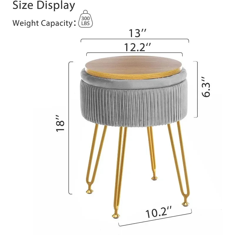 Grey Vanity Stool with Gold Legs,18” Height, Small Storage Ottoman Foot Ottoman Rest for Living Room